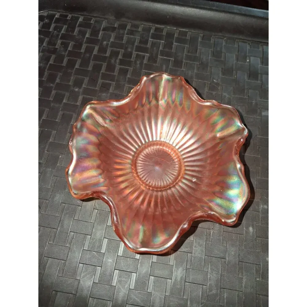 Vintage Marigold Carnival Glass Ruffled Bowl Iridescent Small Decorative Bowl